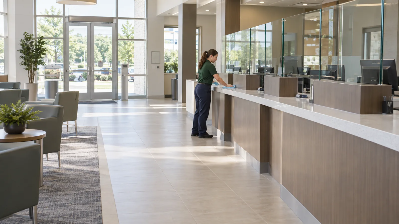 A cleaner in a green polo wiping a bank teller counter beside a bright lobby