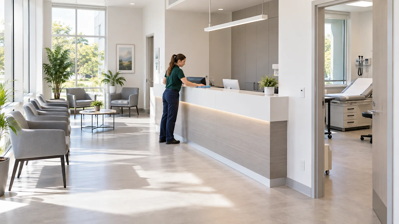A cleaner in a green polo wiping a clinic reception counter near waiting and exam rooms