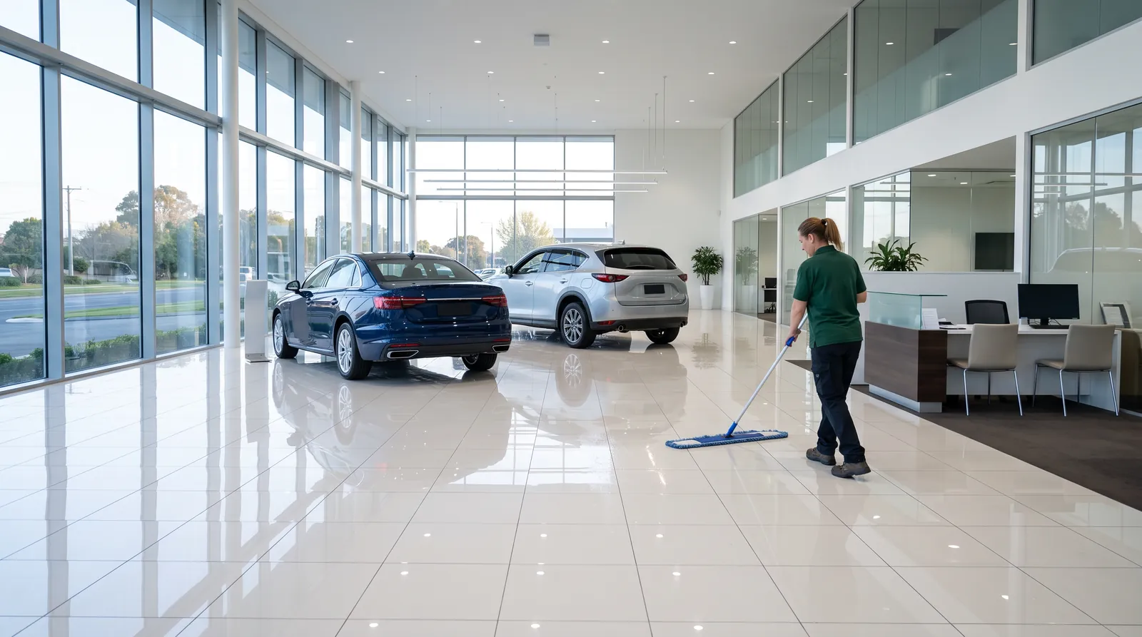 A cleaner dust-mopping the floor of a car dealership showroom