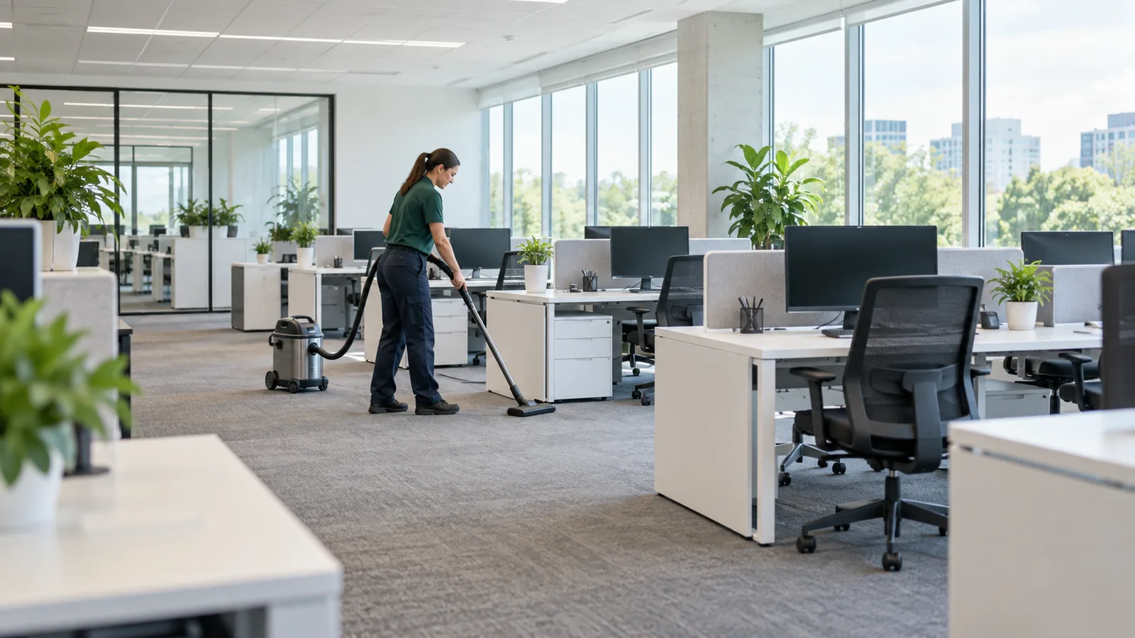 A cleaner in a green polo vacuuming a bright open-plan office